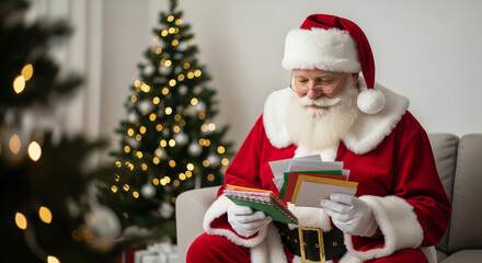 Santa Claus sitting indoors by a Christmas tree, reading a stack of colorful letters and children's wishes.