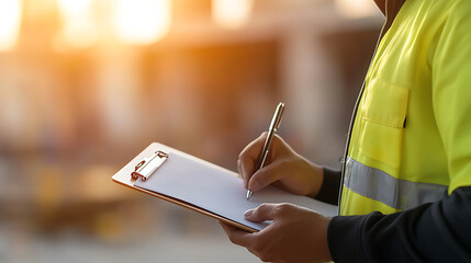 Construction worker takes notes on a clipboard at the job site. The worker is wearing a hi-vis vest and uses a pen to write information with bokeh background, golden hour lighting.