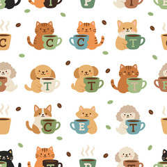 Obraz premium Cute cartoon cat and dog sipping coffee or tea in a seamless pattern vector illustration