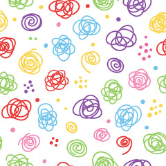 A seamless pattern of colorful line doodles, simple childlike hand‑drawn strokes, and a random, vibrant scribble backdrop featuring swirls, clusters, and dots—an abstract, playful doodle-style