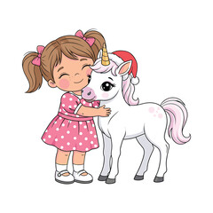 Cute girl in pink polka dot dress hugging a unicorn with Santa hat child fantasy