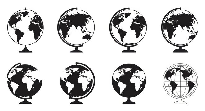 Earth Globe Collection Set of Black World Map Icons in Minimal Flat Design, Isolated Vector Globes for Web, Education, and Global Business Projects - Powered by Adobe