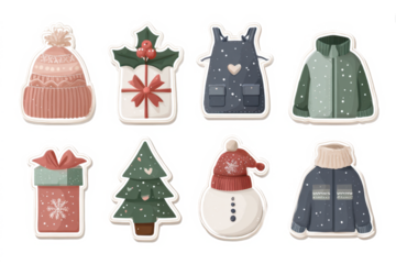 Set of winter holiday stickers featuring cozy clothing and festive decorations vector illustration for seasonal designs
