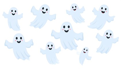 A collection of floating, smiling cartoon specters on a white backdrop