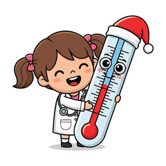 Girl in doctor's coat hugging a large thermometer with Santa hat child medical