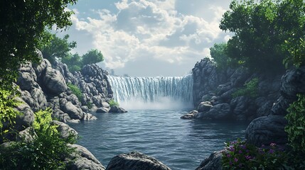 A majestic waterfall cascading into a tranquil river, surrounded by lush greenery and rocky cliffs under a partly cloudy sky