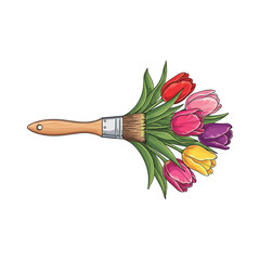 Paintbrush with Colorful Tulips Emerging from Bristles flowers spring