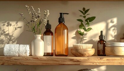 Spa products on wooden shelf.