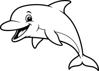 Obraz premium Happy cartoon dolphin illustration black and white line art 