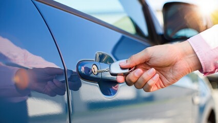 Hand holding a car key to unlock a blue car door on a sunny day