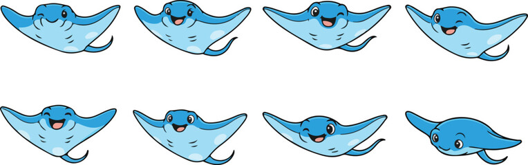 vector illustration of manta ray funny cute cartoon mascot character cartoon with 8 poses 01