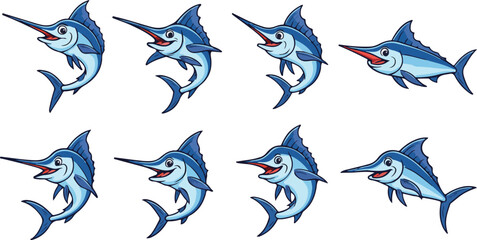 vector illustration of marlin fish funny cute cartoon mascot character cartoon with 8 poses 