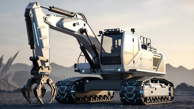Large white industrial excavator with claw attachment in a rocky landscape