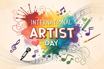 Vibrant International Artist Day Celebration with Watercolor Splashes, Musical Notes, and Creative Tools on a Light Background