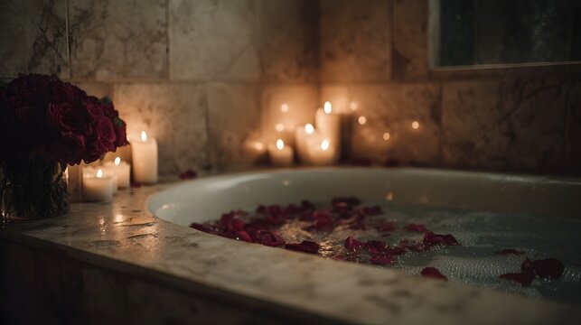 A luxurious bathtub filled with water and red rose petals illuminated by soft candlelight for a romantic relaxing spa experience