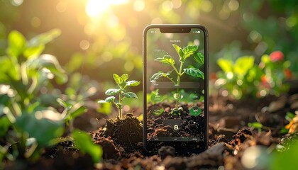 Smartphone displaying plant growth in a garden.