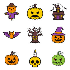 set of Halloween horror vector design, halloween, pumpkin, vector, cartoon, set, bat, illustration, ghost, icon, holiday, cat, autumn, witch, monster, hat, spooky, horror, spider, black, scary, design
