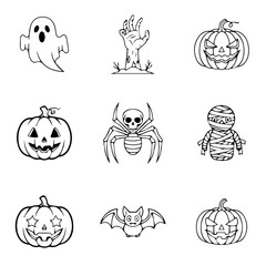 set of Halloween line art vector design, halloween, pumpkin, vector, cartoon, set, bat, illustration, ghost, icon, holiday, cat, autumn, witch, monster, hat, spooky, horror, spider, black, scary