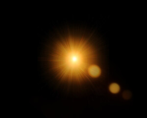 A dazzling golden light source radiates from the center with a starburst effect and glowing orbs, creating a cosmic lens flare on a deep black background, symbolizing energy, focus, and brilliance.

