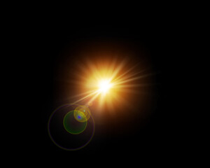 An intense golden flare with lens effect and dynamic light circles bursts from the darkness, creating an abstract sunburst with bright yellow rays, symbolizing cosmic power, focus, and energy.

