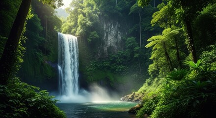 Fototapeta premium Lush Green Tropical Waterfall in a Dense Rainforest with Sunlight