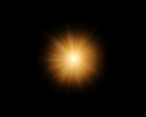 A brilliant sun-like golden glow with expanding radiant rays illuminates the darkness, symbolizing energy, power, creation, and the essence of cosmic light in a vast, mysterious universe.

