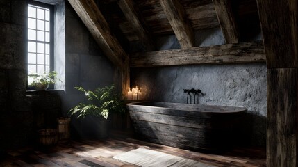 Rustic interior of a bathroom featuring a weathered wooden bathtub rough stone walls and exposed timber beams bathed in soft ambient light