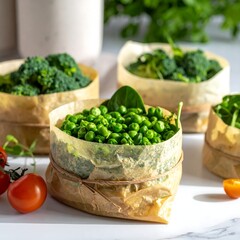 A collection of fresh green vegetables, in brown paper containers
