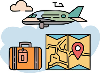 Airplane suitcase and map illustration representing travel and vacation planning
