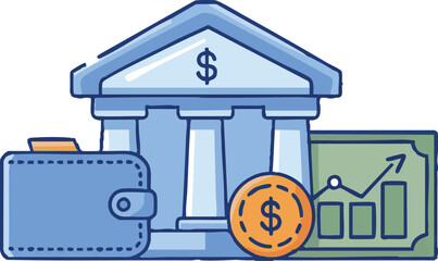 Banking and financial growth represented with money wallet and building