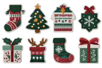 Set of Christmas embroidery patches festive holiday vector design elements isolated on white background