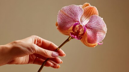 Pale pink orchid gently held by woman's hand as a symbol of fertility, softness and intimate health