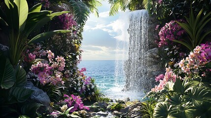 Idyllic waterfall cascading into the ocean, framed by lush tropical vegetation and colorful flowers, creating a breathtaking coastal paradise
