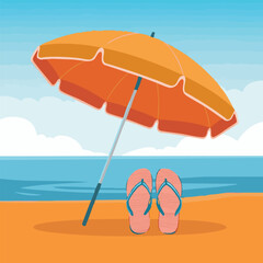 A relaxing beach scene with an umbrella and pink flip flops