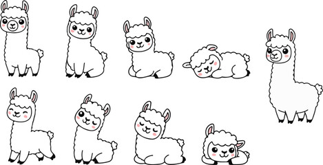 vector illustration of llama funny cute cartoon mascot character cartoon with 9 poses
