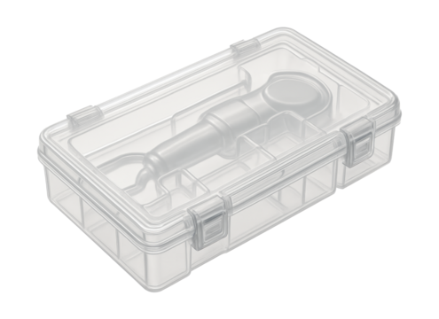 Clear plastic tool case with snap closures for easy access to electric polishers.