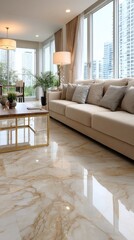 Spacious living room showcases contemporary design with large windows, comfortable seating, and a striking marble coffee table
