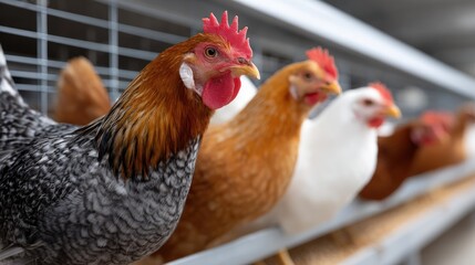 Fototapeta premium Two young chickens, one fluffy and yellow and the other a more defined orange, curiously look out from their cage in bright light