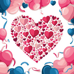 A colorful arrangement featuring balloons and a heart shape filled with hearts