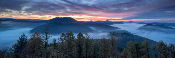 Obraz premium Kirschfelsen im Pfälzerwald im Herbst beim Sonnenaufgang mit Nebel in den Tälern