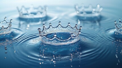 Splash crown photography multiple water droplet impacts creating perfect crown formations with concentric ripples on crystal clear blue surface
