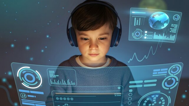 Young boy immersed in futuristic holographic interface learning data visualization