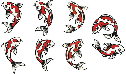 Obraz premium vector illustration of koi fish funny cute cartoon mascot character cartoon with 8 poses 