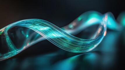 Curved optical paths macro photography capturing fiber optic light trails in flowing wave formation with vibrant turquoise blue illumination