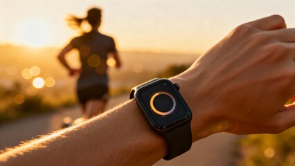 Smartwatch Fitness Tracking During Outdoor Run at Sunset, Woman Jogging and Monitoring Heart Rate, Active Lifestyle, Wearable Technology, Health App, Motivation, Sports Training, Nature Exercise