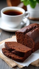 Slices of rich chocolate bread alongside a steaming cup of coffee, set on a cozy table, inviting a delightful breakfast experience