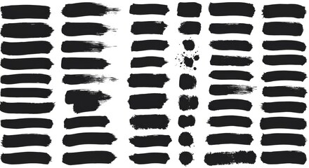 Black Paint Brush Strokes Vector Set ,Grunge Ink Lines, Textures, Frames, and Freehand Artistic Elements Isolated on White Background