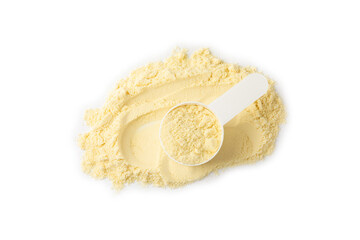 Protein powder. A scoop of protein powder isolated on a white background. Different flavors of whey...