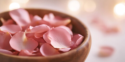Romantic petals fill a wooden bowl. Soft pink hues against a blurred light background evoke peace. Perfect for spa, aromatherapy, beauty, or love-themed designs.