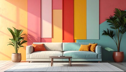 Fototapeta premium Modern Living Room with Colorful Striped Wall.